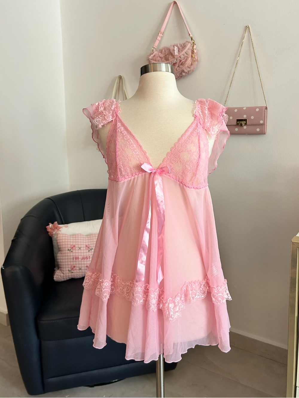 Coquette Y2K Princess Sheer Pink Lace Babydoll Nightgown